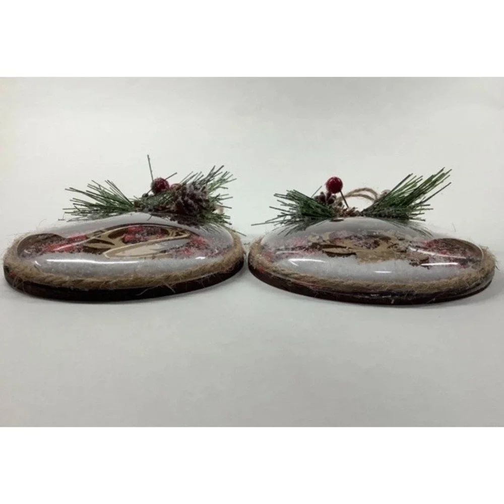 New Set Of 4 Snow Globe Plaid Deer Christmas Ornament Pine‎ Berries Farmhouse 4